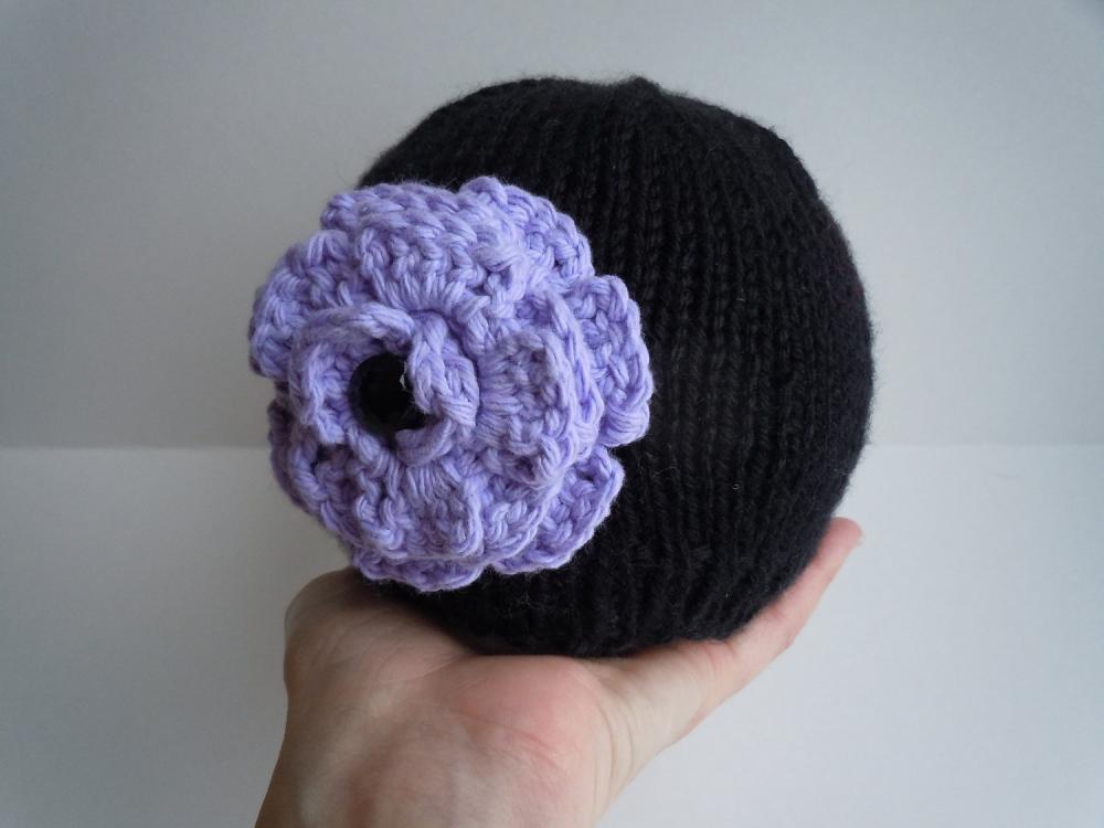Baby Black Knit Beanie Hat with Purple Crochet Flower