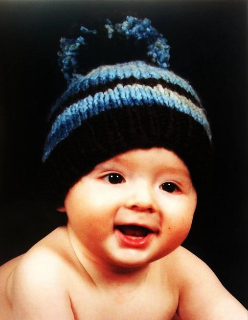 Blue, Grey and Chocolate Brown Striped Hat with Pom Pom
