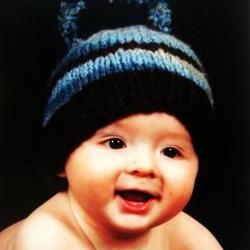 Blue, Grey and Chocolate Brown Striped Hat with Pom Pom